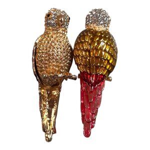 Vintage Rhinestone Parrot Bird Set Gold Tone Purple Red Enamel Wings Trinket Box